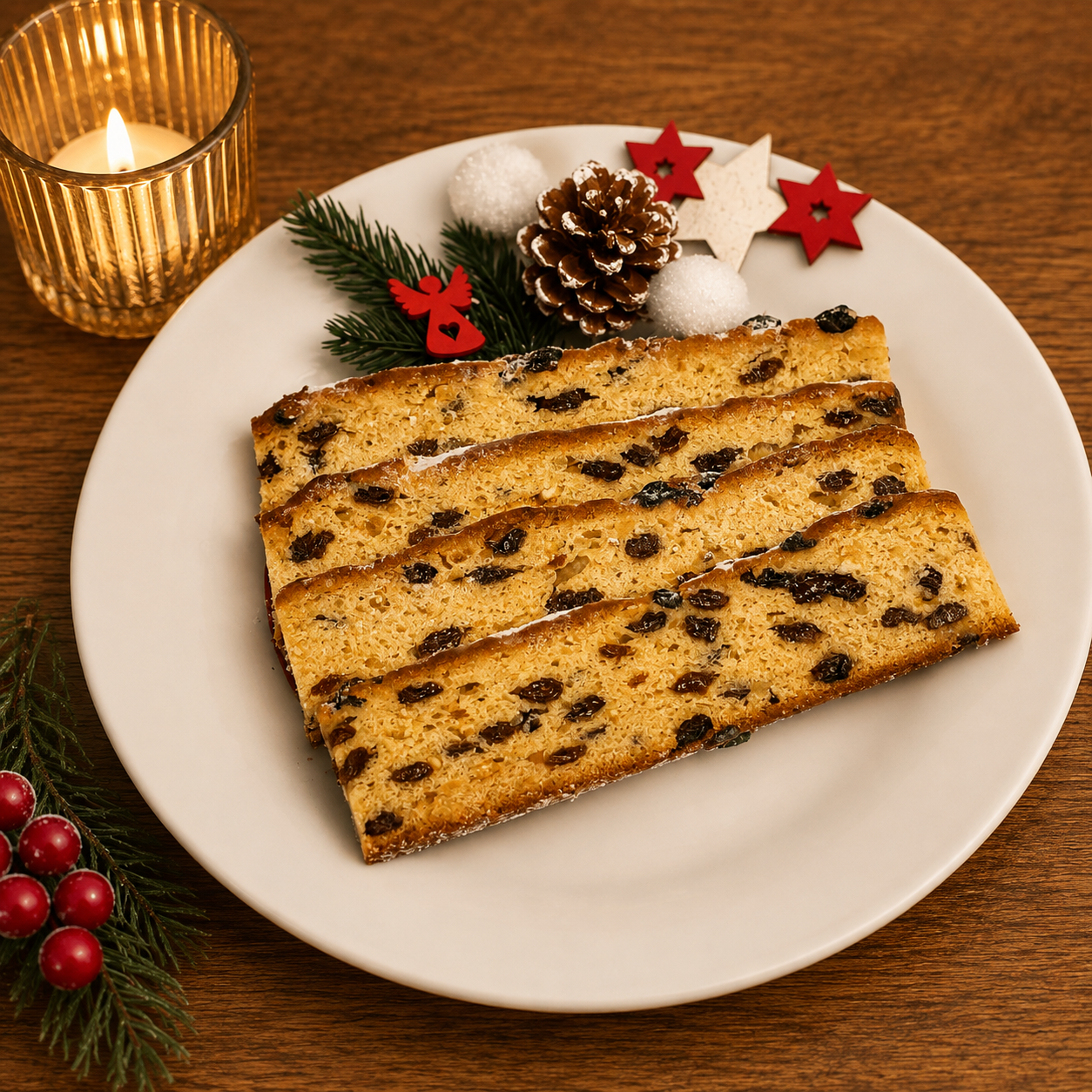 Festlicher Butterschnittstollen in Weihnachtsdeko