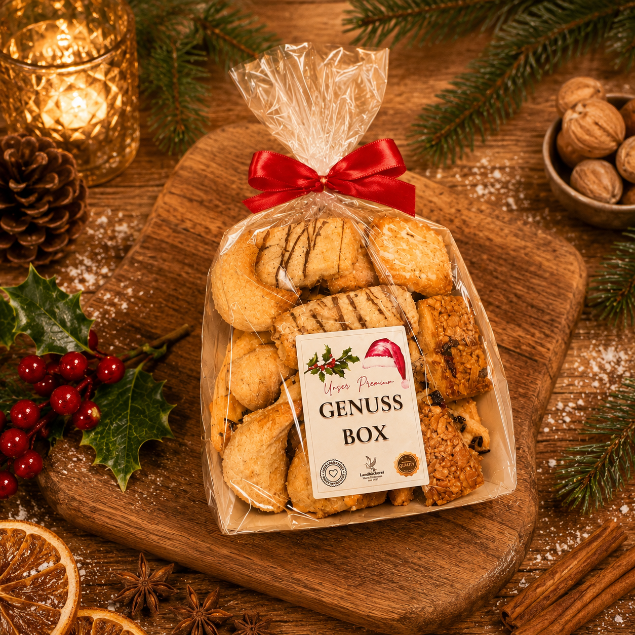 Genussbox verpackt auf Holzbrett