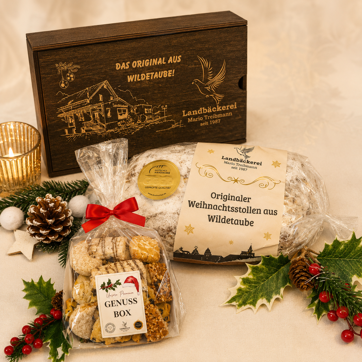 Premium Box - Butterstollen 1kg in Holzbox + Genussbox