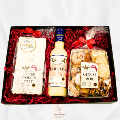 Premium Geschenkbox - Offen mit dem Inhalt  Butterstollenfilet, Eierlikör und Genussbox