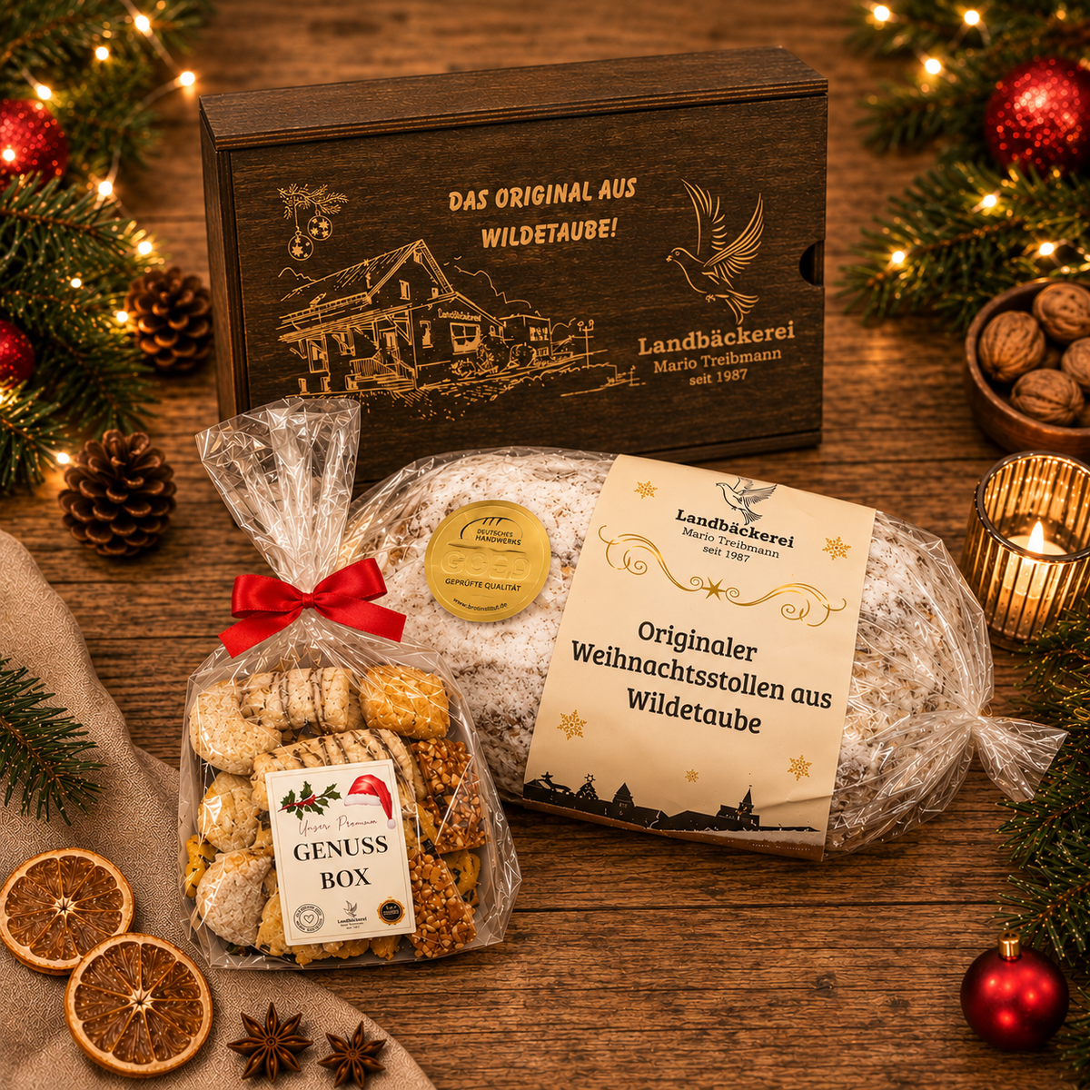 Premium Sparbox - Butterstollen 1kg in Holzbox + 2 Genussbox